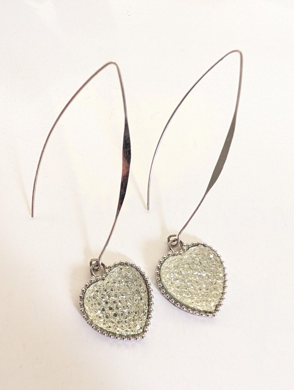 Silver Tone Trendy Glam Acrylic Bubble Heart Long Dangle Statement Earrings